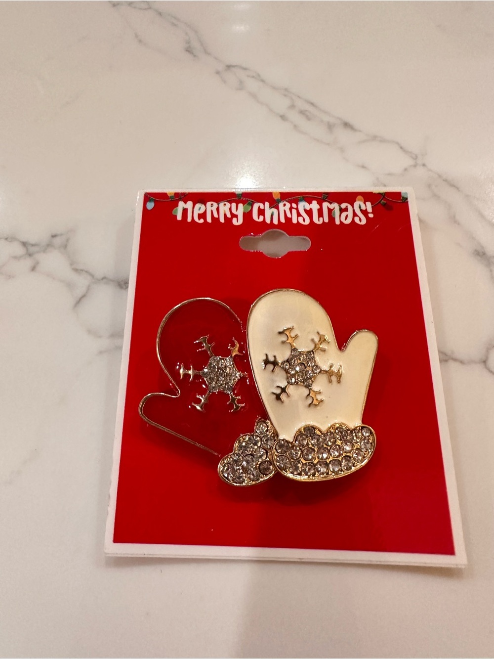 Festive White & Gold Mitten Brooch - Holiday Crystal Accent